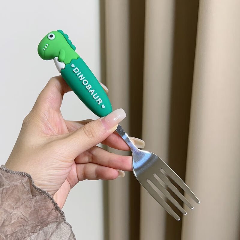 Mingyu Cartoon 304 Stainless Steel Anti-scalding Handle Dinosaur Dinosaur Children's Tableware Home Student Portable Set Green Cartoon Dinosaur Dinner Fork