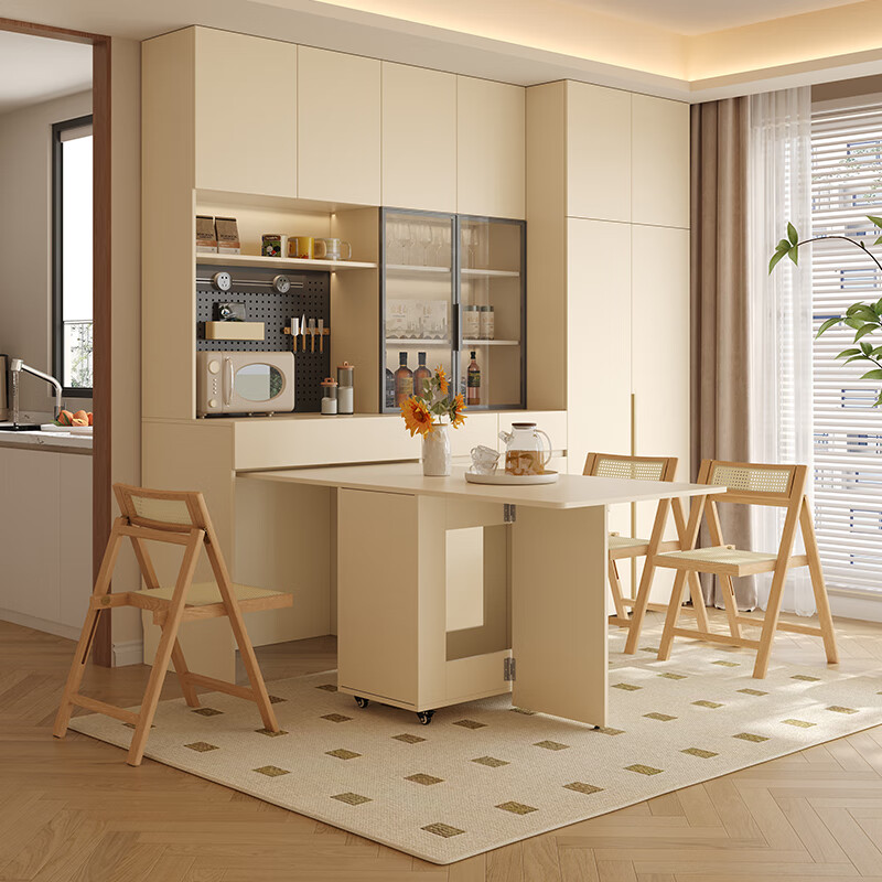 Customized ENF grade solid wood sideboard with integrated storage against the wall and dining table, which can be embedded into a high cabinet in the living room of a small apartment. 2.4 meters long * 2.1 meters high (six-door sideboard). Perforated board and double-hole track socket are provided by default.