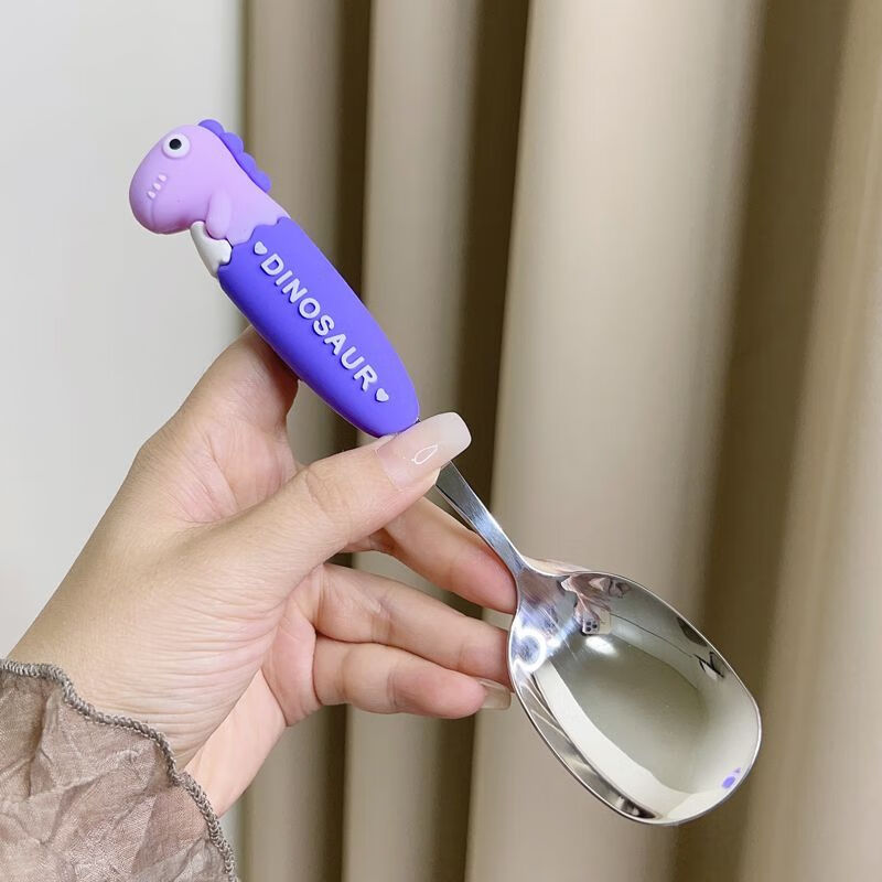 Mingyu Cartoon 304 Stainless Steel Anti-scalding Handle Dinosaur Dinosaur Children's Tableware Home Student Portable Set Green Cartoon Dinosaur Dinner Fork