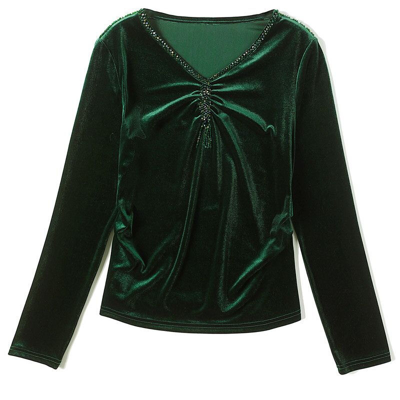 Pierre Cardin velvet women's top with bottoming shirt spring and autumn new high-end rich woman low-necked shirt fashionable long-sleeved top for women black regular M recommended 85-100 pounds