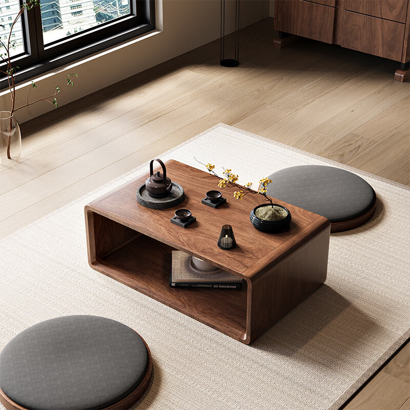 Shantou Lin Village Luming Zen Solid Wood Bay Window Coffee Table Japanese Tatami Simple Low Table Black Walnut Color Balcony Coffee Table Small Table Cherry Wood Log Color 60 Length 37 Width 22 Height Complete Assembly