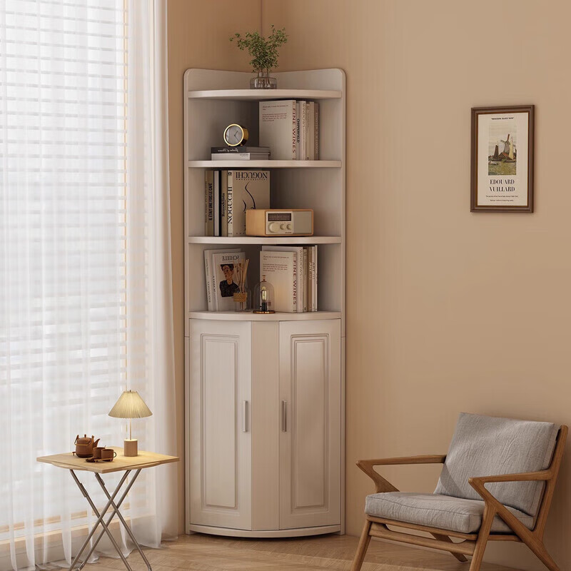 Corner cabinet Nordic style arc corner cabinet household floor-standing storage rack living room wall cabinet corner storage cabinet bookcase double cabinet door 50*50*180cm warm white