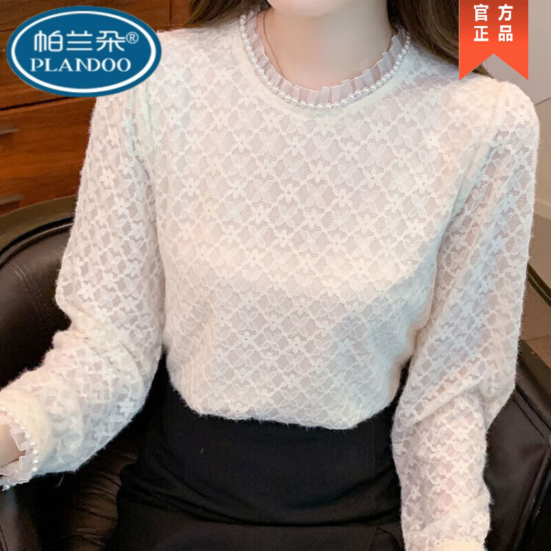 Palando's versatile lace bottoming shirt for women in autumn and winter, new loose long-sleeved inner top, fashionable and stylish shirt, off-white (velvet and thickened) XL 115-130 catties