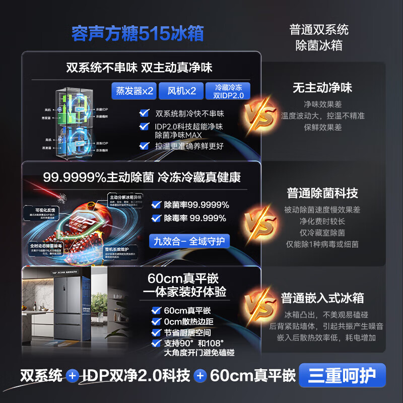 Rongsheng Cube 515 Active Sterilization Dual System French Multi-Door Four-Door Ultra-Thin Zero Embedded Refrigerator Ice Making Level One Energy Efficiency BCD-515P60FZMAD Gray National Subsidy World Cup 60cm True Zero Embedded Bottom Cooling Active Sterilization 2.0