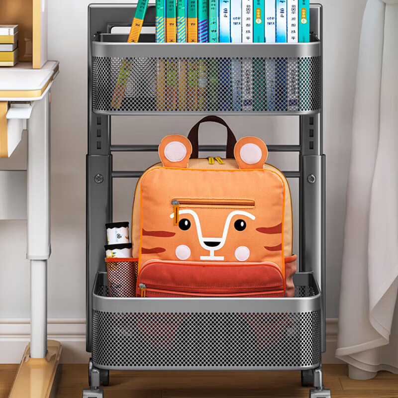He Jiangong's school bag storage rack is a floor-standing mobile under-table book storage device for children's strollers. Deskside bookshelf with wheels. 2-pack gray ~ Adjustable layer height. Carbon steel paint ~ Second child welfare model. 3 layers