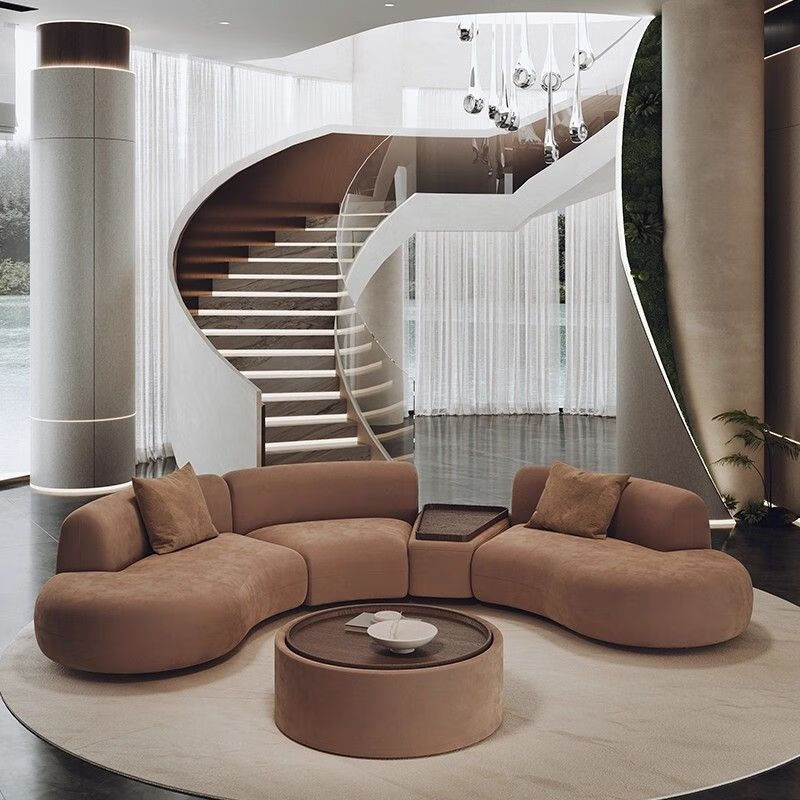 Changyin French light luxury curved brown hotel lobby beauty salon office sales office business rest reception negotiation sofa 2.8 meters long with side table + coffee table