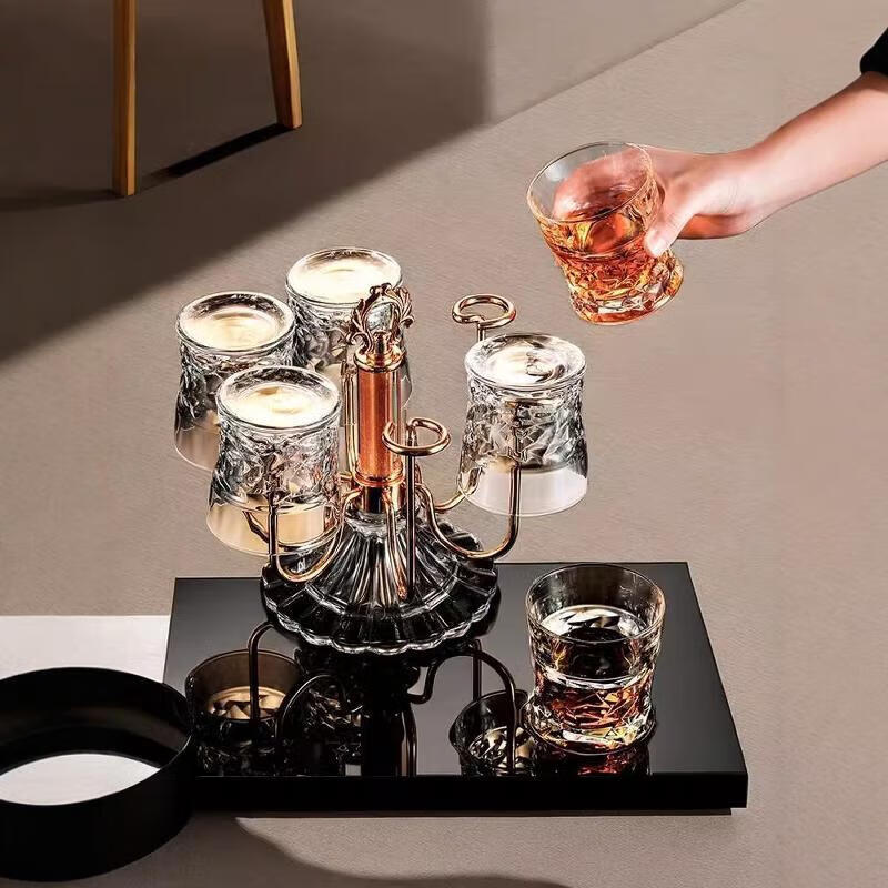 Shantou Lincun German Light Luxury Rotating Beer Glass Rack Water Glass Storage Rack Crystal Glass Rack Set Cup Whiskey Rack Gold Hammer Pattern Short 6 Cups 1 Gold Square Pot Retro Rack + Quicksand Green Plate