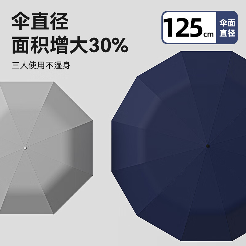 Paradise Umbrella Fully Automatic One-click Fully Folding Extra Large Three-fold Vinyl Folding Windproof Reinforced Heavy Rain Double Umbrella (Black) 125CM Large Fully Automatic 12 Ribs