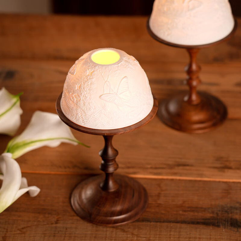 Shantou Lincun antique North American walnut candle holder, bone china light cover, decorative scented candle, romantic dining table and side cabinet ornaments, North American walnut candle holder + ceramic light cover