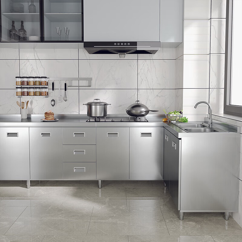 He Jiagong Ji Litian customized 304 all-stainless steel kitchen cabinets thickened integrated cabinets kitchen stove integrated cabinets upgraded thickened 1 meter flat style
