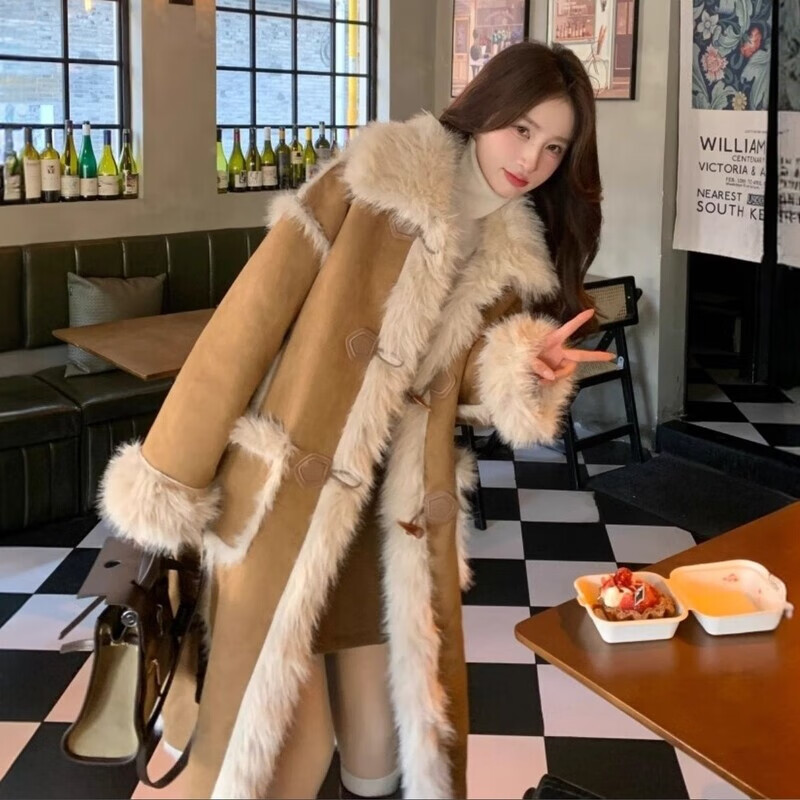 Light luxury high-quality fox fur all-in-one coat for women winter new velvet thickened eco-friendly fur coat khaki long S size 90-130 catties