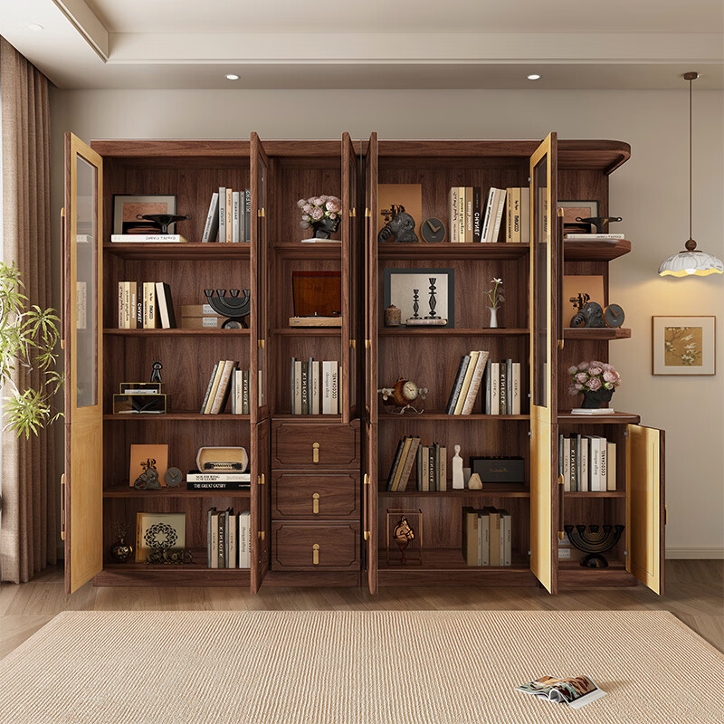 Caibaimu Solid Wood Bookcase New Chinese Bookcase Black Walnut Color Modern Combination Floor Bookcase Two or Three Doors Study Room Bookshelf 1.11 Meter Three Door Bookcase Assembly