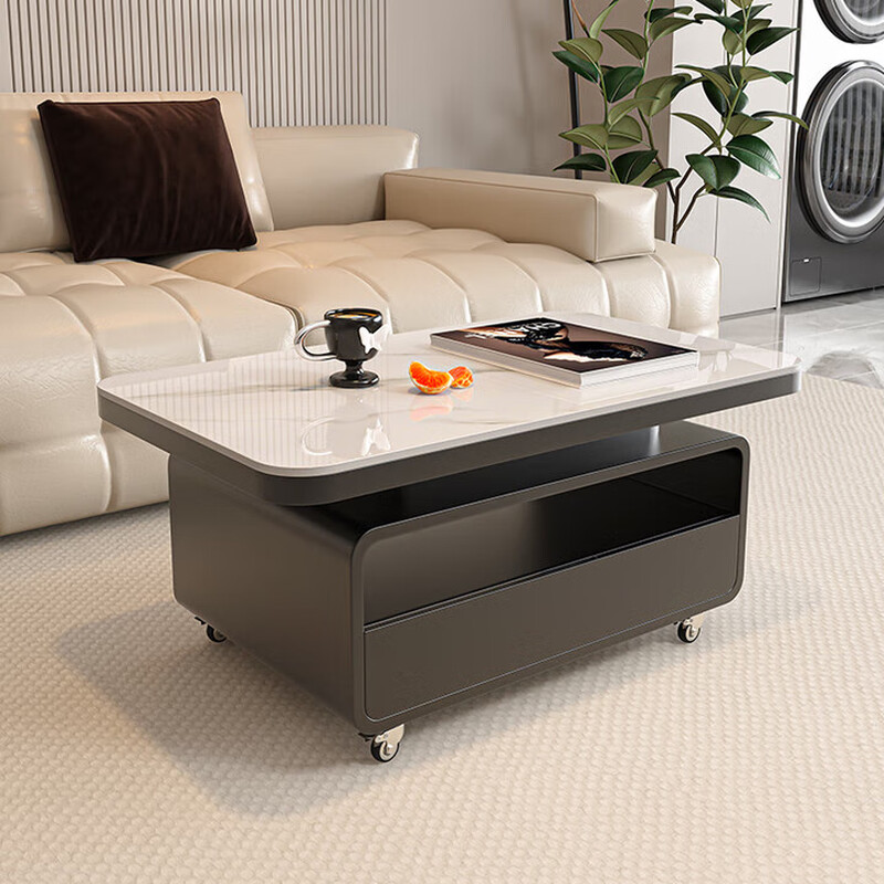 Puhuan mobile side table with wheels, new model for living room and coffee shop, small-sized tea table with stone slab, simple, light, luxurious and high-end side table, black frame, black cabinet + snow mountain white, 80 long, 45 wide, 47 high