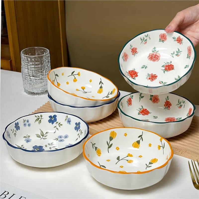 Ins ceramic 6-inch ceramic lace bowl baking bowl fruit salad bowl yogurt bowl noodle bowl ceramic tableware 1 piece 6-inch flower tulip bowl