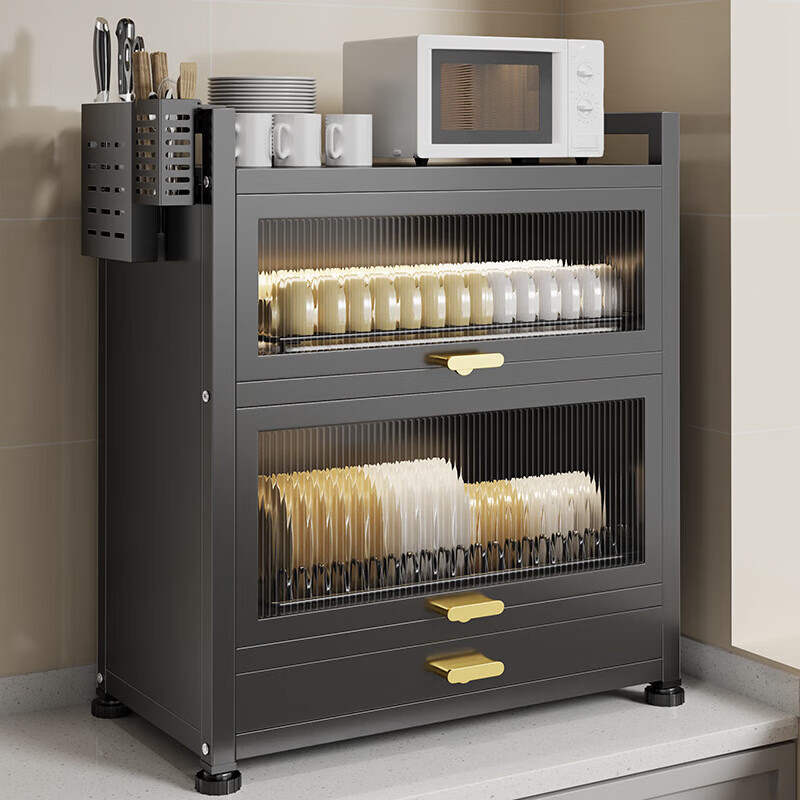 Dish drain rack cupboard household multi-functional cabinet double layer dish draining cabinet kitchen dish storage cabinet 44cm black knife holder+chopstick barrel+hook*4