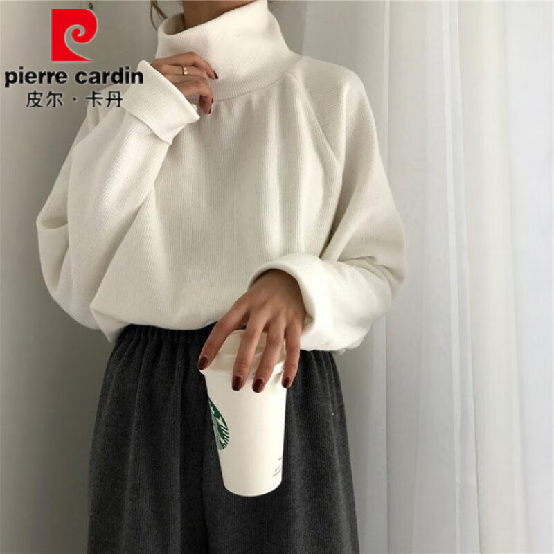 Pierre Cardin fat mm slimming bottoming shirt for women autumn and winter plus size women's 300 catties long-sleeved high-neck T-shirt with loose velvet top, white velvet XL 120-150 catties
