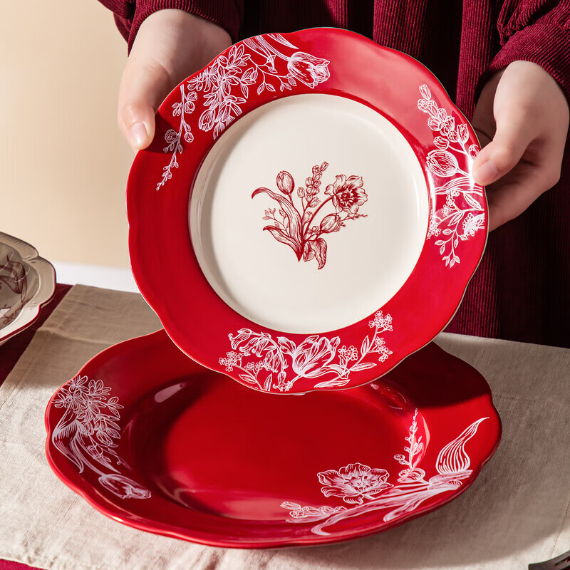 Liuhao new Chinese style red festive plate dish plate household new underglaze color ceramic tableware plate bowl high-end 6 bowls 4 plates 4.5 inch bowl + 8 inch plate