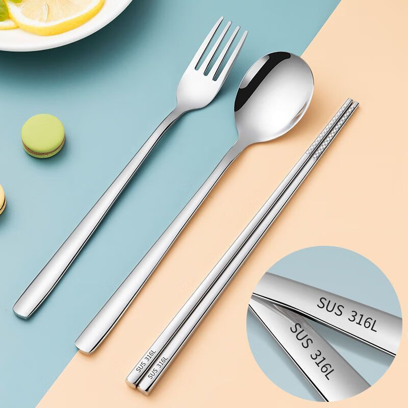 Raft core spoon 316 food grade adult universal 316L stainless steel chopsticks set three-piece set single portable meal orange 3-piece set + mesh bag