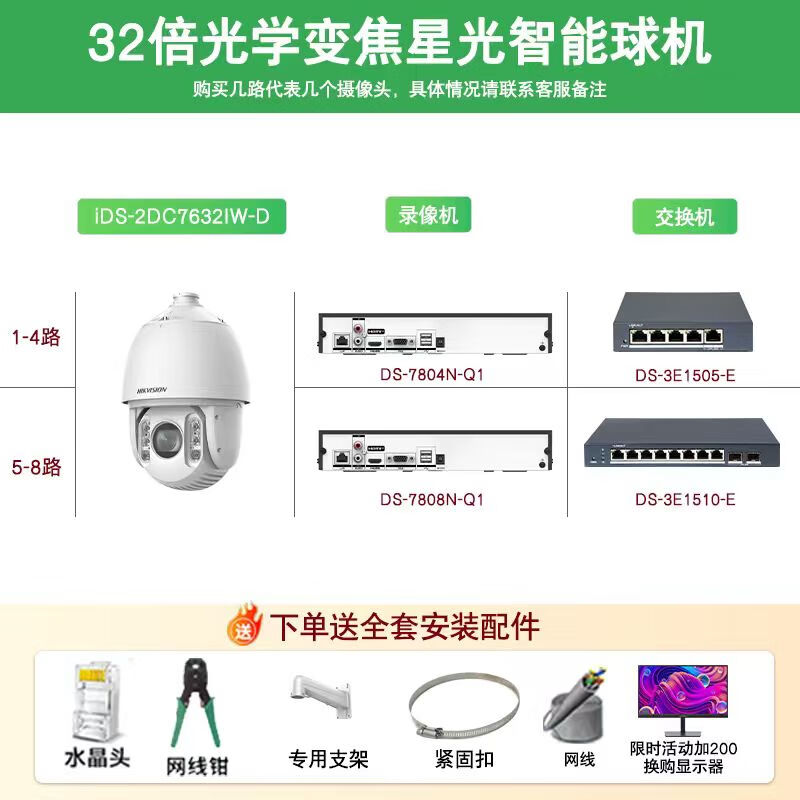 Hikvision long-distance high-power optical zoom camera smart PTZ cruise face capture 7-inch dome camera outdoor security monitoring multi-scenario solution to mobile phone remote 32x optical zoom | 6 million-7 channels 6T hard drive