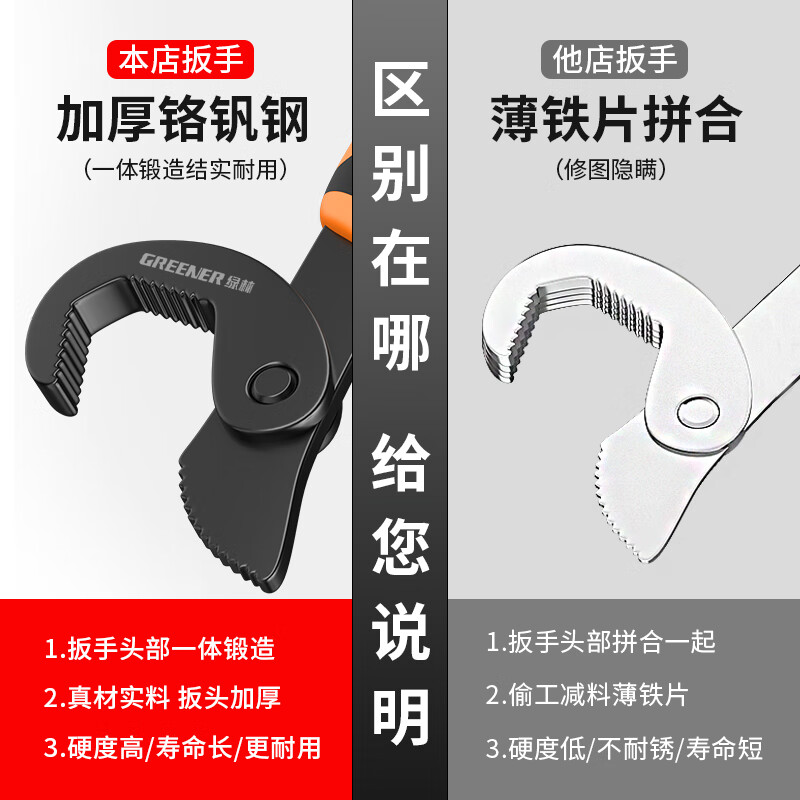 GREENER upgraded three-sided tooth wrench, universal wrench, two-piece set, fast water pipe pliers/movable multi-functional household wrench