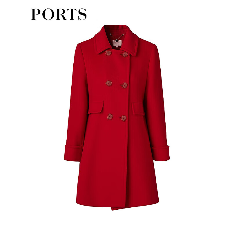 PORTS Women's Autumn and Winter New Double-breasted Red Woolen Jacket Red 2