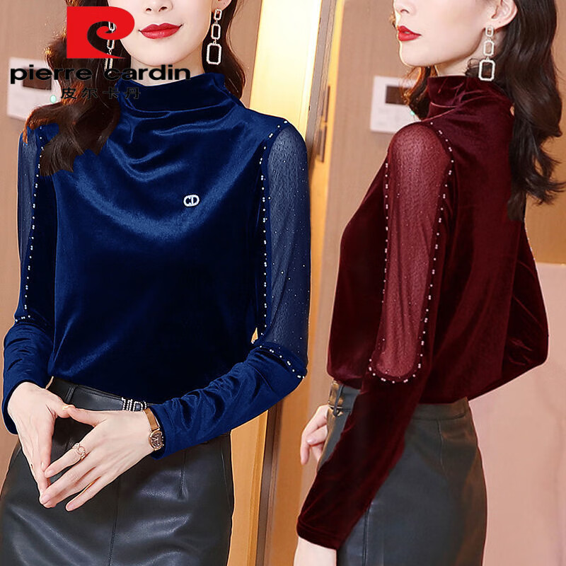 Pierre Cardin 2025 new gold velvet bottoming shirt for women, Korean style half turtleneck beaded long-sleeved T-shirt, versatile in autumn and winter, burgundy M, recommended 850-102 catties