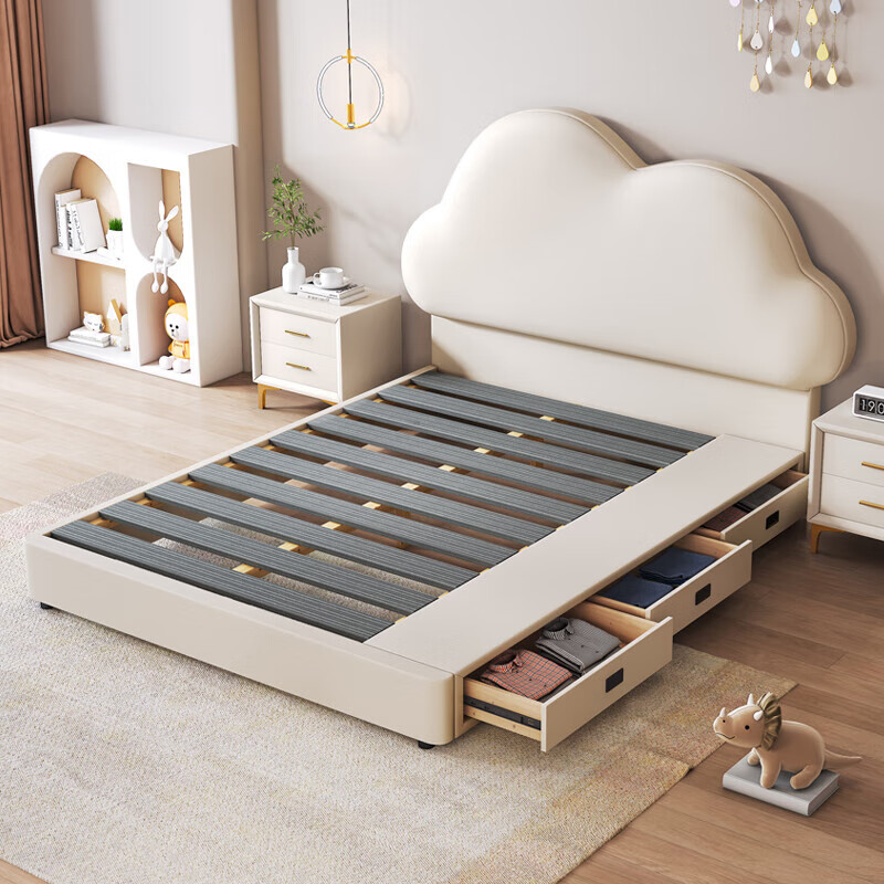 Cream Wind Cloud Children's Leather Bed Modern Simple Solid Wood Double Bed Boys and Girls Princess Bed Cartoon Storage Bed Quality/Children's Bed Color Note/Delivery to Home 1200mm*2000mm Frame Structure