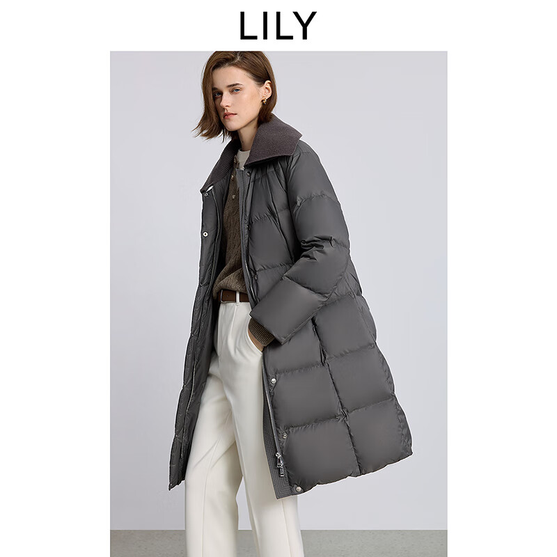 LILY2025 Winter New Retro Knitted Lapel Loose Casual 90 Duck Down Puff Down Jacket Women's Long 506 Medium Gray S