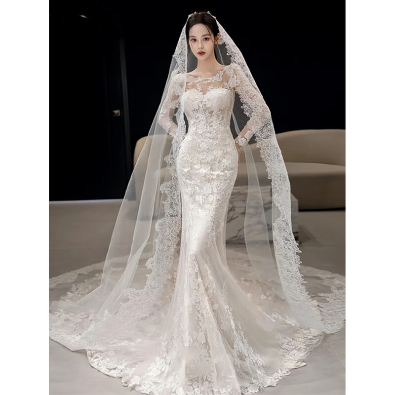 Wei Lianmenglan fishtail light wedding dress bride 2025 new French long-sleeved lace high-end niche outing veil welcome slim dress white S size is too small