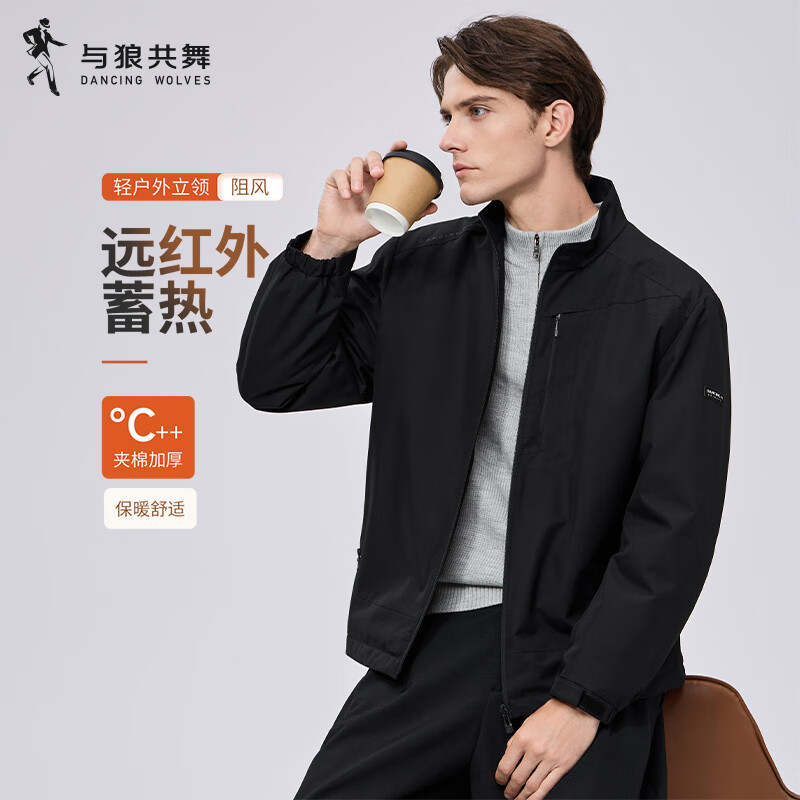 Dances with Wolves, quilted lining, outdoor trendy stand-up collar thick coat, warm and easy to care for men's jacket 001 black L