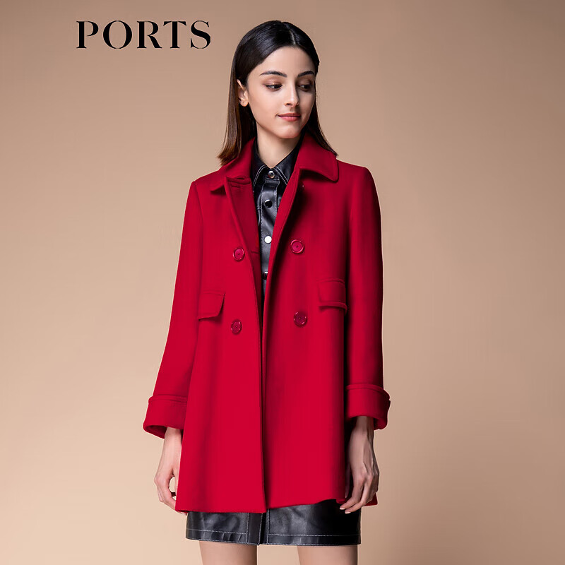 PORTS Women's Autumn and Winter New Double-breasted Red Woolen Jacket Red 2