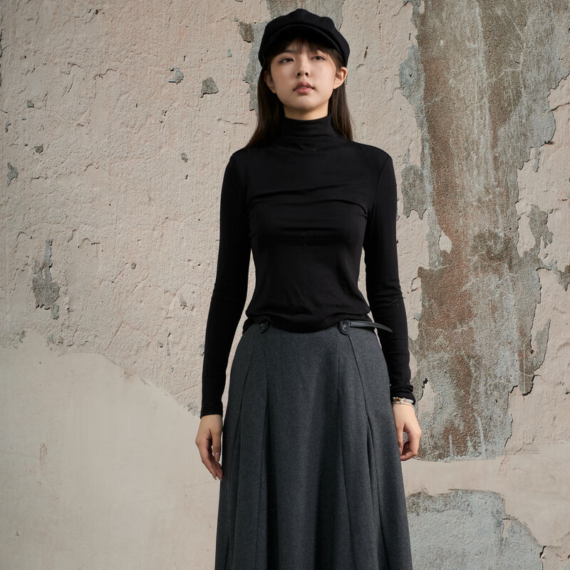 Nishimachi Village House (SETIROM) Minimalist Style Bottoming Shirt Women's 2025 Winter New Simple Skin-Friendly Shirt XXAD10415 Black One Size