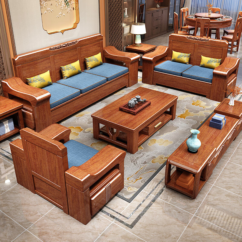 Shunju Treasures Factory direct sales clearance solid wood sofa combination modern new Chinese style wooden sofa simple living room dual use in winter and summer special clearance four seater + corner cabinet + double + imperial concubine + coffee table