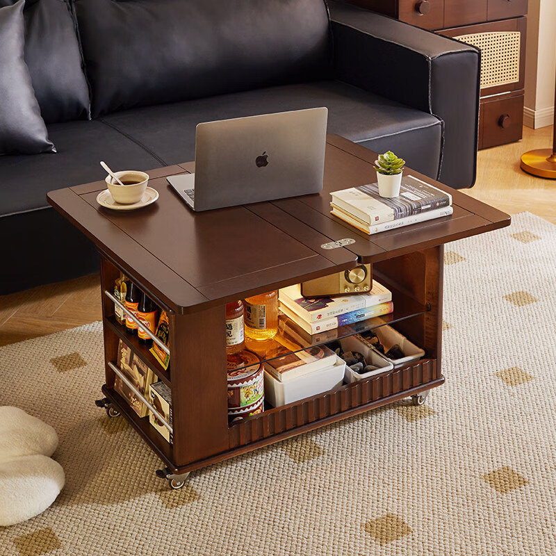 Ruifan solid wood movable coffee table living room sofa side table small apartment side cabinet folding dining table multi-function cart