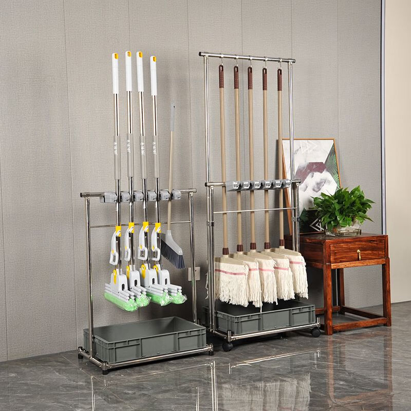 Mopeng mop rack floor-standing stainless steel removable commercial storage mop sweep cleaning tool storage 5 hangers 6 hooks basic model