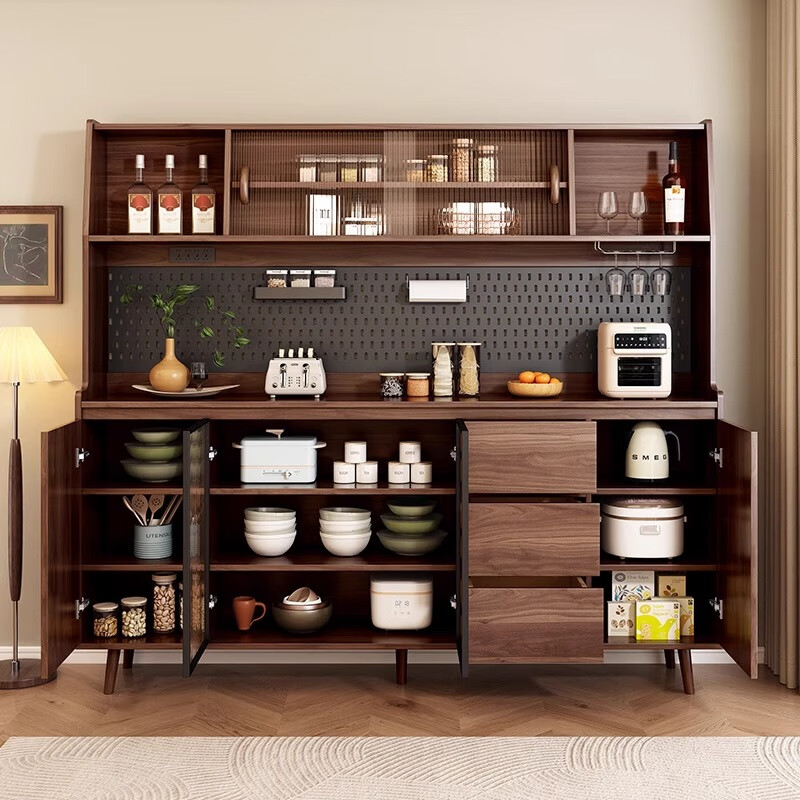 Ling Yuxun solid wood sideboard against the wall integrated storage cabinet double-layer multi-functional wine cabinet storage cabinet new Chinese tea cabinet solid wood ecological board Changhong glass door 80cm double door installation included