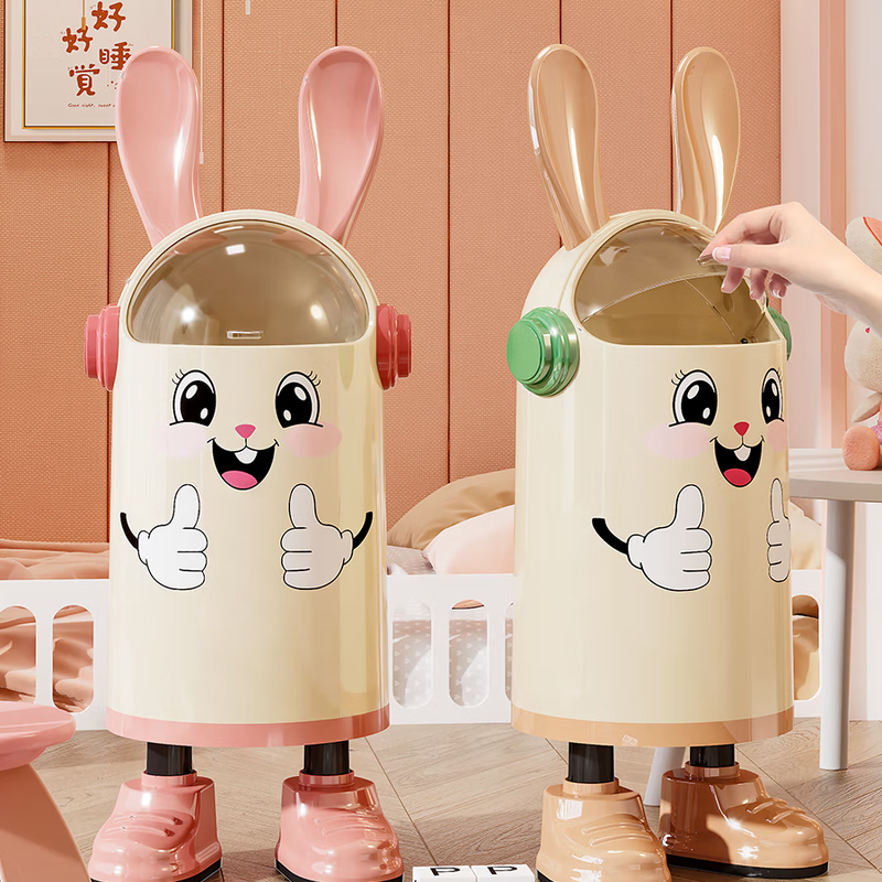 Rabbit trash can household cute high-looking trash can living room and bedroom storage large capacity with cover thickening simple pink smiley face - standing style