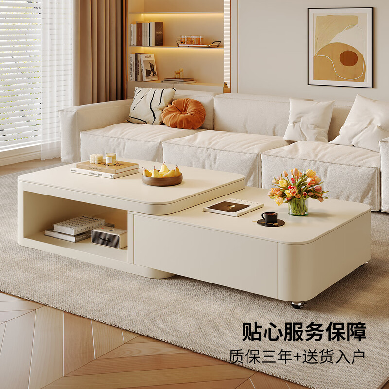 Home Fragrance Dream retractable slate coffee table living room household large and small apartment coffee table table movable cream style modern small table tea table pure white slate retractable coffee table 80*60*40cm