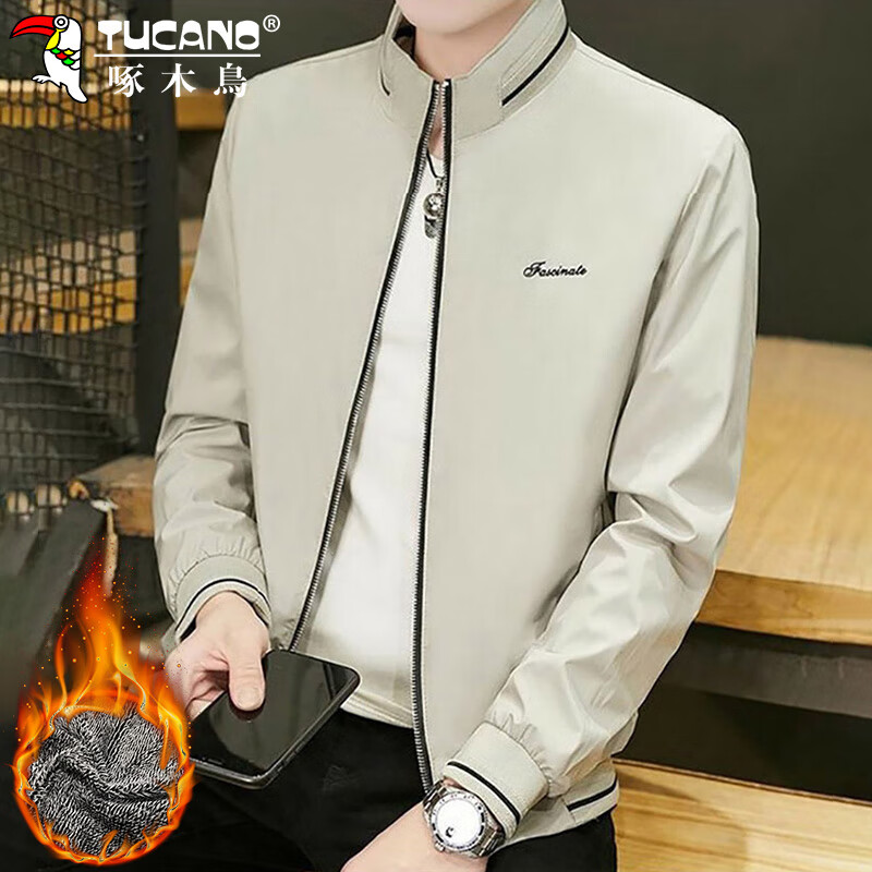 Woodpecker (TUCANO) Jacket Men's Jacket Men's Autumn and Winter Trendy Business Casual Executive Windproof Top Men's Khaki Velvet XL