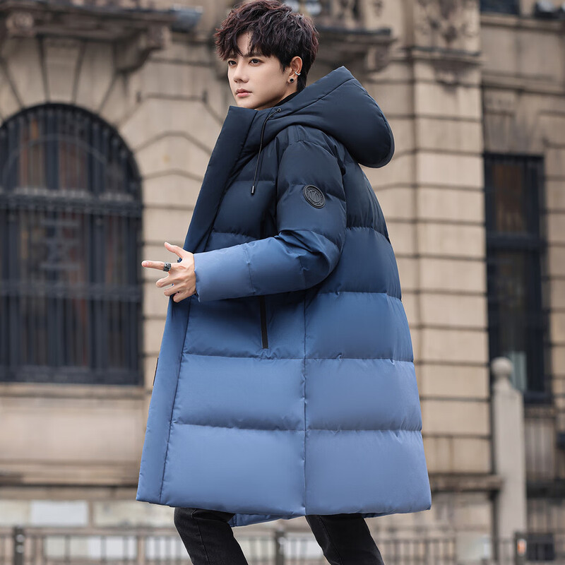 Flying in the Snow Men's Mid-Length Hooded Down Jacket Fashionable Gradient Color 90 Velvet Thickened Warm and Coldproof Down Jacket for Men