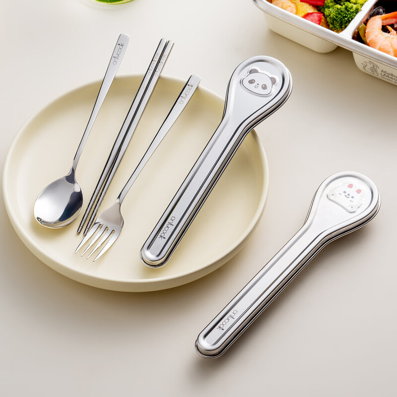 Onlycook316L stainless steel antibacterial chopsticks spoon fork portable tableware set student dedicated chopsticks spoon cutlery storage box compact spoon type portable rabbit style / three-piece set 316L stainless steel