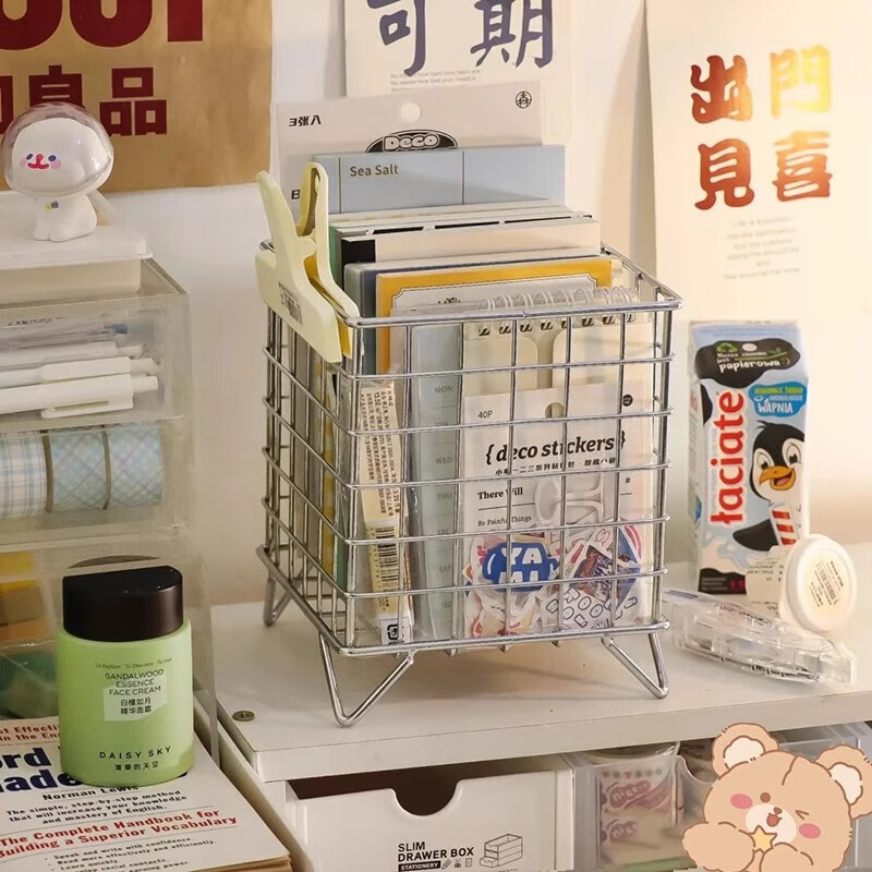 Iron storage rack, creative desktop storage box, large-capacity storage basket, dormitory debris sorting, cosmetic storage box, silver