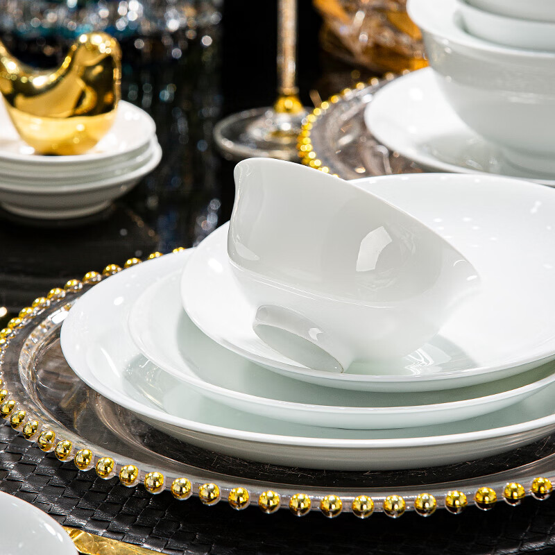 Jingqiu Jingdezhen high temperature white porcelain tableware complete set high white clay 1380 fired pure white dishes and dishes tableware set for home use high temperature white porcelain underglaze color Bailu 10 person set 70 pieces