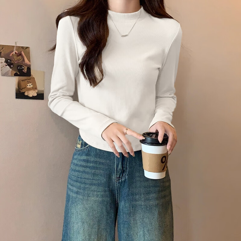 NOME German velvet half turtleneck bottoming shirt for women with long sleeves and autumn and winter half turtleneck scalloped hem top white M