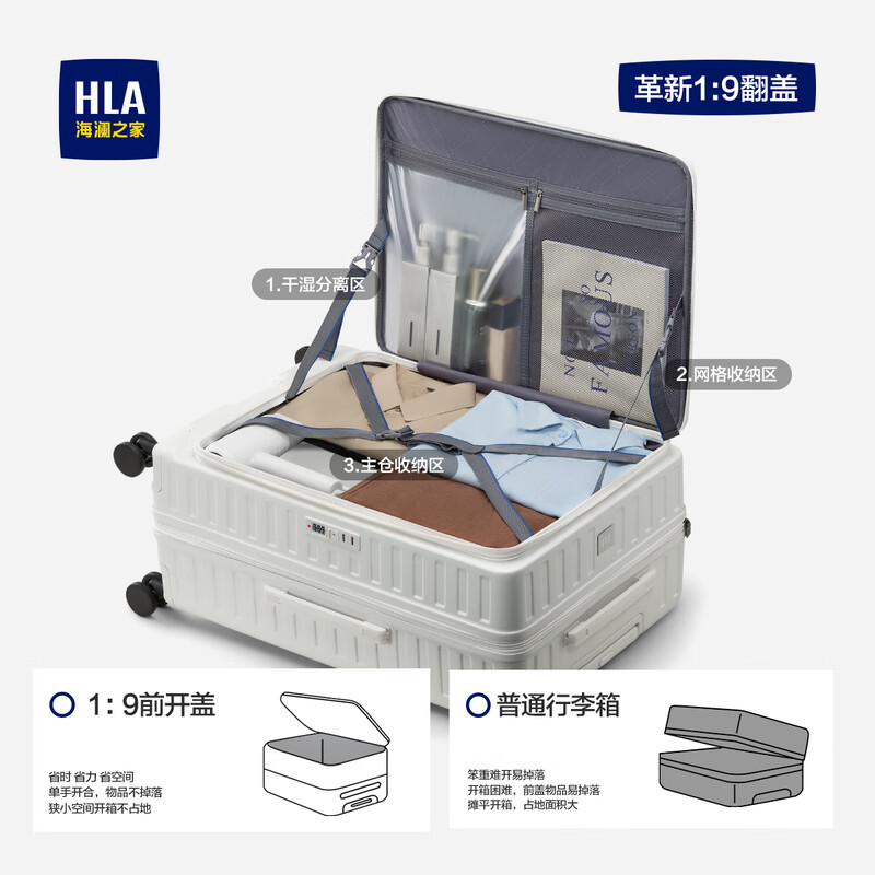 Heilan House (HLA) luggage side opening lid large capacity multi-functional trolley suitcase business travel suitcase ivory white 24 inches