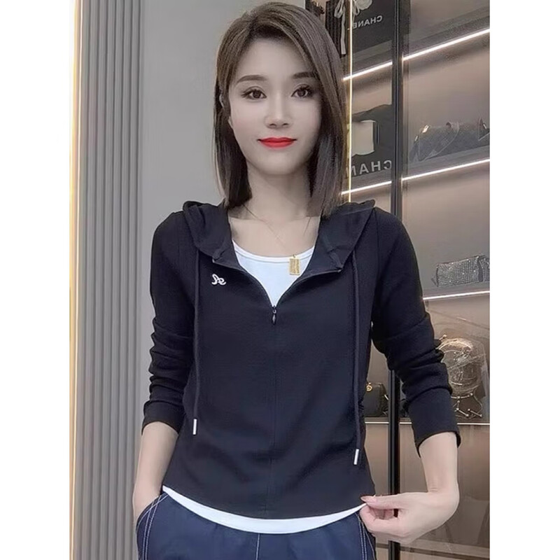 Pierre Cardin autumn and winter suit simple commuting large size hooded long-sleeved T-shirt for women 2025 autumn new style fake two-piece gray high quality M