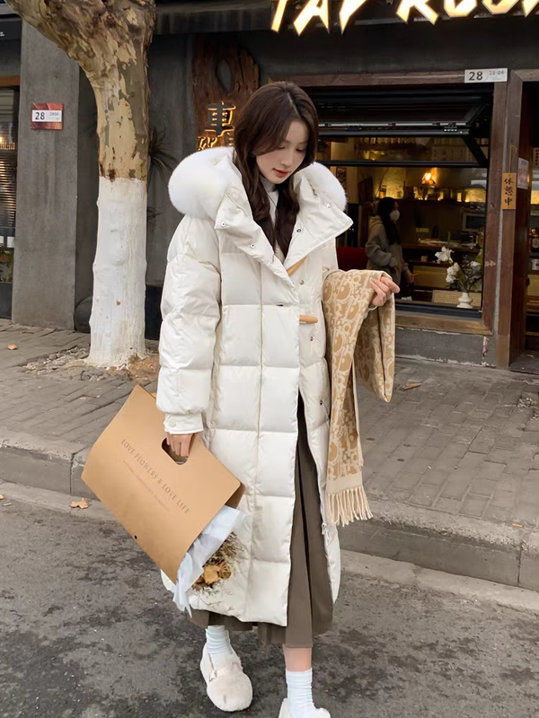 Laren Feiyun high-end brand down jacket women's mid-length 2025 winter new loose slimming small over-the-knee long coat cream yellow (real fox big fur collar) S 115 130 pounds