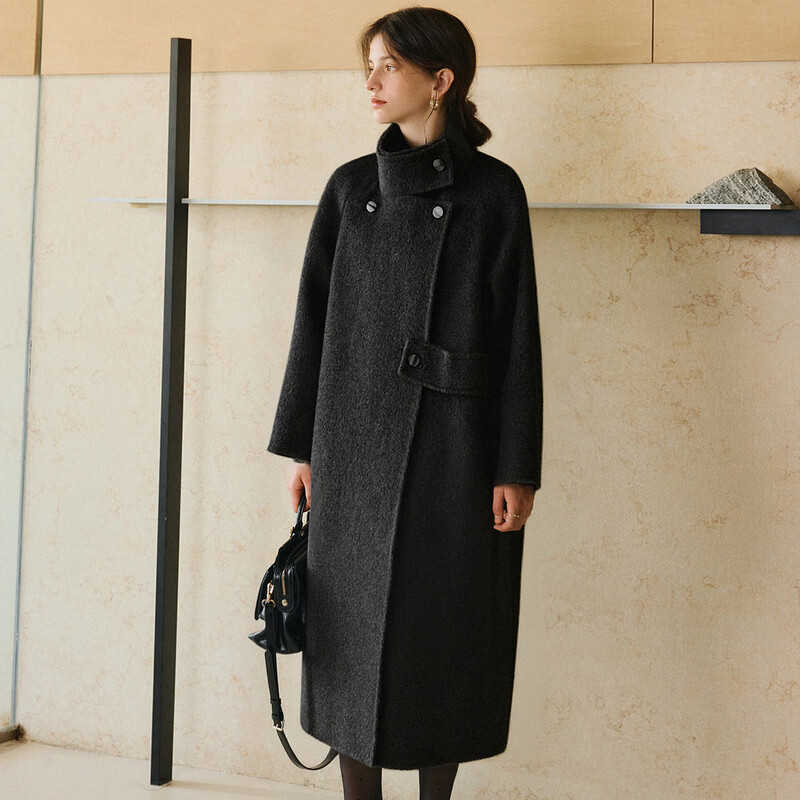 Olrain women's winter mid-length double-sided woolen coat commuting slim woolen coat floral gray S