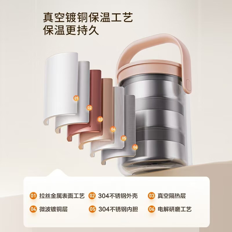 Joyoung Insulated Pot 2L Large Capacity Vacuum Insulated Bucket Multi-layer Stewing Portable Lunch Box B20T-WR765 (Brown)