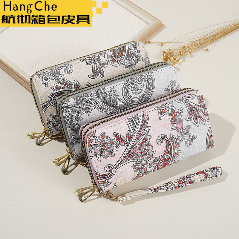 Ye Yu 2025 New Retro Print Lace Wallet Women's National Style Double Zipper Large Capacity Mobile Phone Bag Fashion Gray